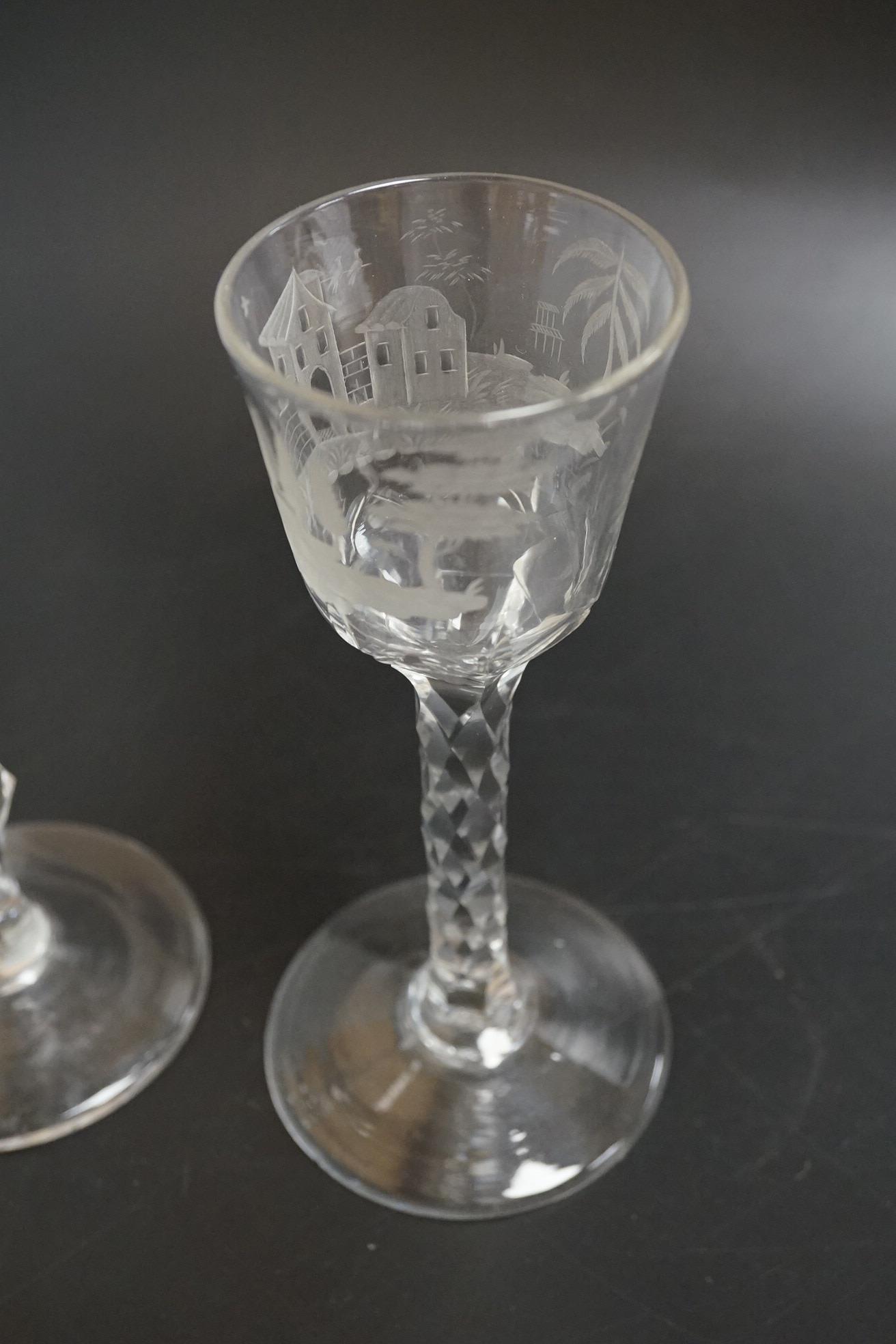 Two faceted wine glasses, c.1780, both with engraved bowls, tallest 15.5cm